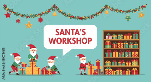 Santas Workshop Scene with Elves and Gifts Illustration.