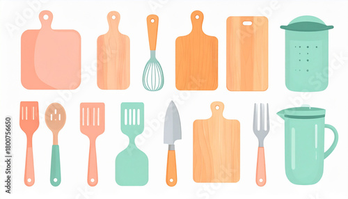 Pastel Peach & Mint Flat Icons of Kitchen Utensils Set