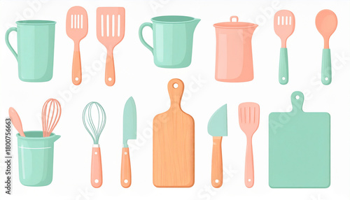 Pastel Peach & Mint Flat Icons of Kitchen Utensils Set