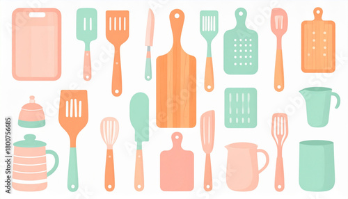 Pastel Peach & Mint Flat Icons of Kitchen Utensils Set