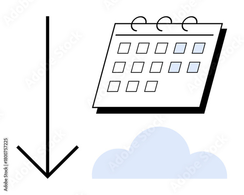 Downward arrow, calendar, and cloud icon illustrating data download, scheduling, cloud storage, time management, productivity, and digital accessibility. Ideal for planning workflow reminders