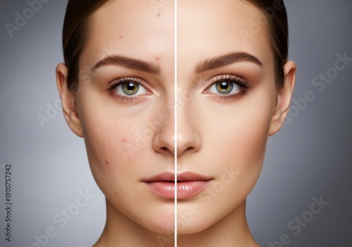 Woman's face before and after acne treatment. Comparison of problem skin with pimples and clear, healthy skin. Concept for skincare, dermatology, and beauty results.