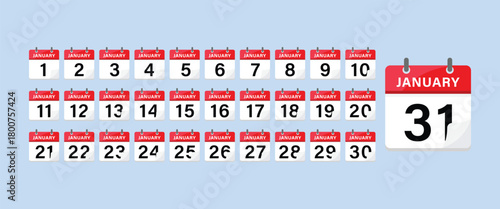 January month calendar icons set from day one to thirty one red white