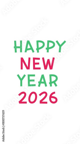 Vertical 4K video. Loop flat animation. Cartoon red green text Happy New Year 2026, retro car with Christmas tree and black bow on roof on white. Concept of gift, winter holiday, delivery, transport