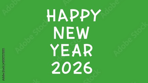 Horizontal 4K video banner. Flat animation. Cartoon hand drawn white text Happy New Year 2026 on green background. Concept of gift, winter holiday, Merry Christmas, minimalism. Hand written font