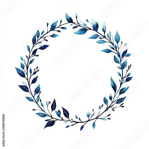Blue-toned watercolor leaf wreath on white, center is blank