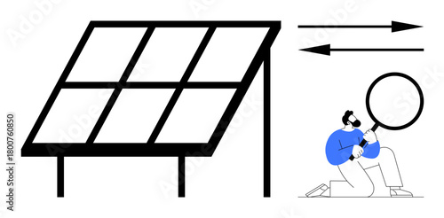 Large solar panel with researcher inspecting it through magnifying glass, accompanied by arrows suggesting energy flow. Ideal for sustainability, innovation, science, green energy, renewable