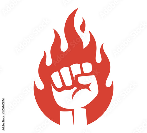 A stylized red fist punching upwards, outlined by flames, representing rebellion and revolution.