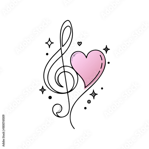 Cute Treble Clef And Pink Heart With Sparkling Doodles Vector Illustration