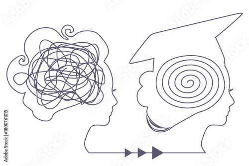 Personal growth and development. Business and education concept. Metaphor of problem solving, chaos and mess, difficult situation. Chaotic lines in one female head and order spiral in another.