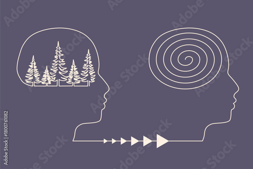 Personal growth and development. Business and education concept. Metaphor of problem solving, difficult situation. Behavior correction. Deep forest in one head and order spiral in another.