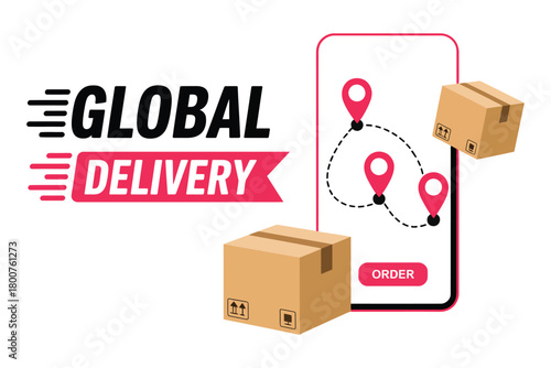 Global delivery service illustrated with a smartphone displaying a route and shipping boxes, symbolizing logistics and e-commerce.