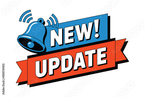 A ringing blue bell sits on a blue banner that reads "NEW!" with a red banner below that reads "UPDATE", symbolizing an announcement or notification.