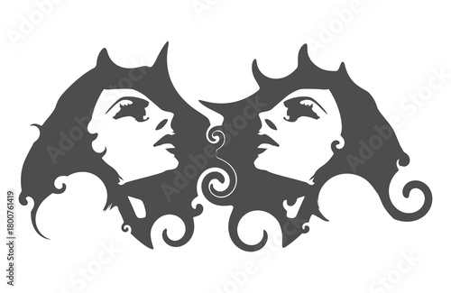 Two young women face front view. Melted with spiral and decorated by curls. Elegant silhouette of a female heads. Split personality disorder. Friendship, communication and family concept.