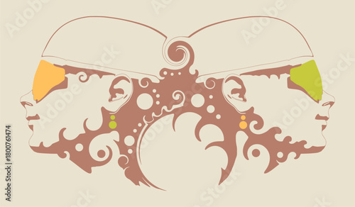 Two young women wearing sunglasses face front view. Melted with spiral and decorated by curls. Elegant silhouette of a female heads.