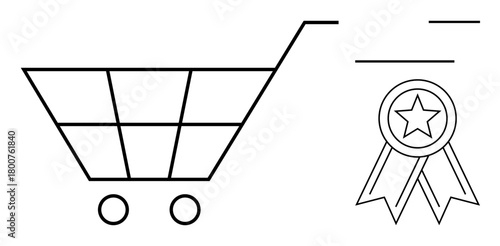 Shopping cart and award ribbon indicate focus on quality, consumer satisfaction, and retail excellence. Ideal for e-commerce, online shopping, product quality, rewards, sales, marketing
