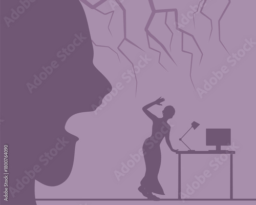 Abused young woman. Crying woman woman working on laptop in office and harassed by her boss. Aggressive man blaming and threatening. Social concept of sexual assault, violence and harassment.