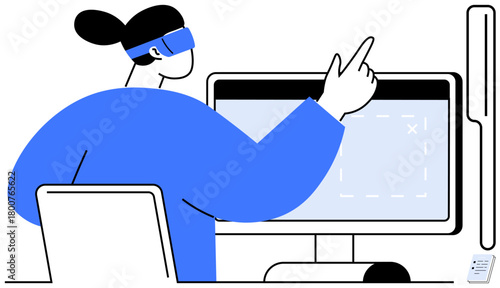 Person wearing VR headset interacting with a computer screen in a workspace. Ideal for technology, innovation, virtual reality, remote work, training, design, and future tech concepts. Simple flat