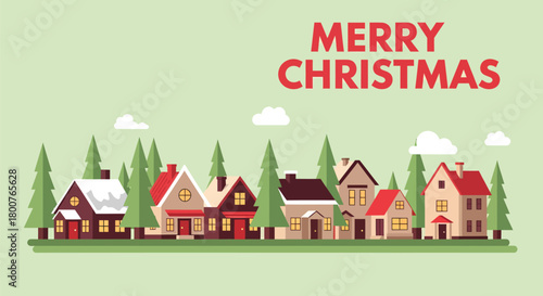 Christmas Village Scene with Houses and Trees, Merry Christmas Text.