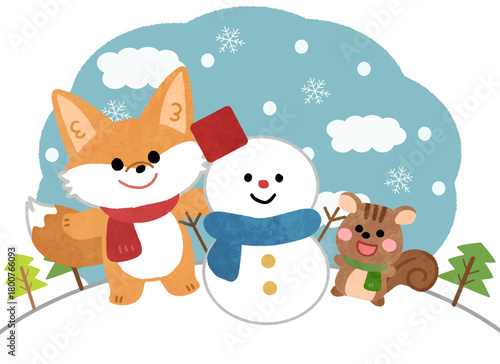雪だるまと遊ぶキツネとリスのかわいいイラスト