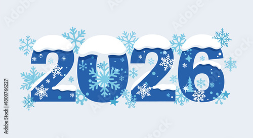 Festive 2026 New Year Design with Snow and Snowflakes.
