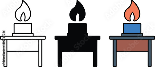 Bunsen Burner on a Table Three Styles vector , bunsen, three, burner, styles, symbol, fire, lantern,
