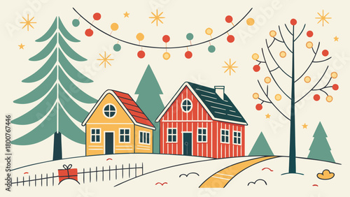 Illustration of two houses with christmas trees and lights in a winter scene landscape view