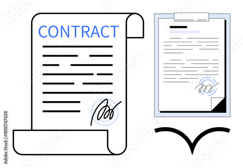 Rolled legal contract with signature and flat document with endorsement mark. Ideal for law, business, signature, agreement, legal document, authenticity, approval themes. A simple flat metaphor