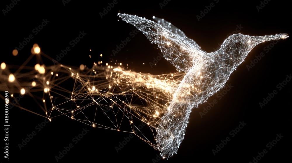 Fototapeta premium A luminous, abstract hummingbird with a sparkling, golden body and wings, flying against a dark,