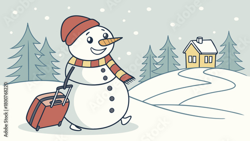 Cartoon snowman with hat and scarf pulling a suitcase in a snowy winter scene with a house and trees