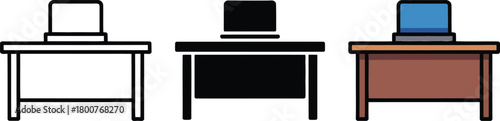 Desk Icons In Three Styles Keywords: desk, table, furniture, office, workspace, work, study, computer, laptop, education, business, home office