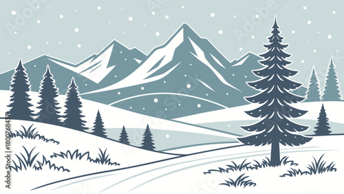 Winter landscape with snow covered mountains and evergreen trees in a stylized vector illustration