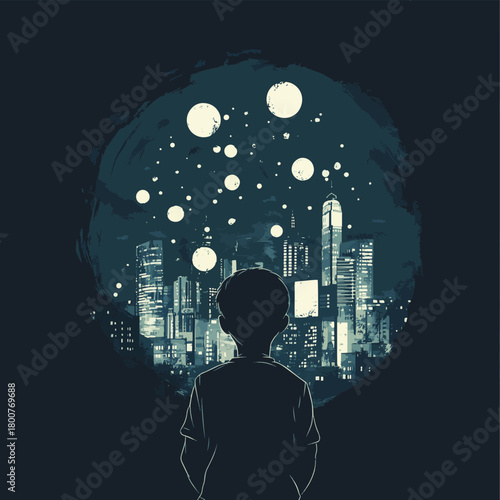 Silhouette boy watching abstract thought bubble cityscape illustration art idea mind dark grey blue  , vector style simple color