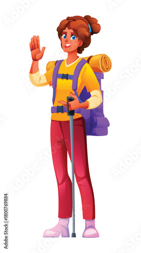 Cheerful woman hiker standing and waving, with a large backpack, and a trekking pole. Vector cartoon character illustration