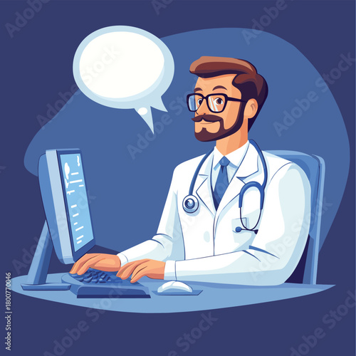Man doctor with mustache and glasses and white coat working at computer with blank thought bubble. Medical research concept.  , vector style simple color