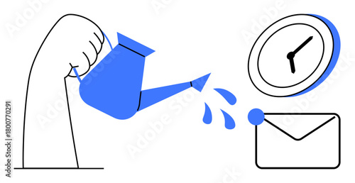 Hand watering envelope with clock above captures investment in productivity, growth, and efficiency. Ideal for time management, goal planning, email scheduling, automation, task prioritization