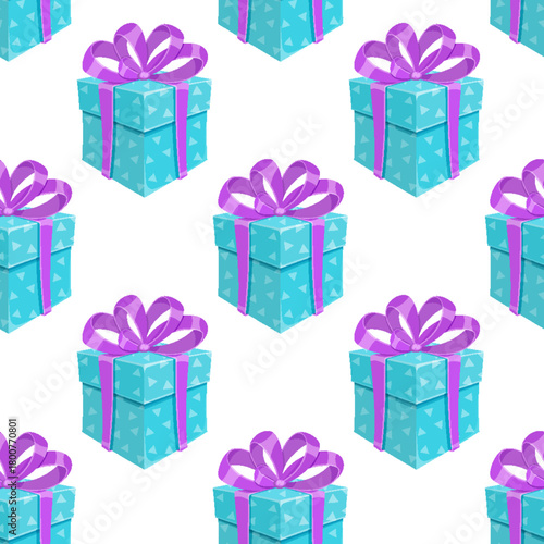Cartoon gift box pattern with ribbons and bows. Seamless present design features colorful boxes. Festive surprise theme suitable for holiday and celebration decor. Ideal for wrapping paper or party
