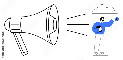Giant megaphone projecting sound toward a person holding a notebook and a sphere under a cloud. Ideal for communication, leadership, announcement, promotion, outreach, influence, and teamwork. Simple