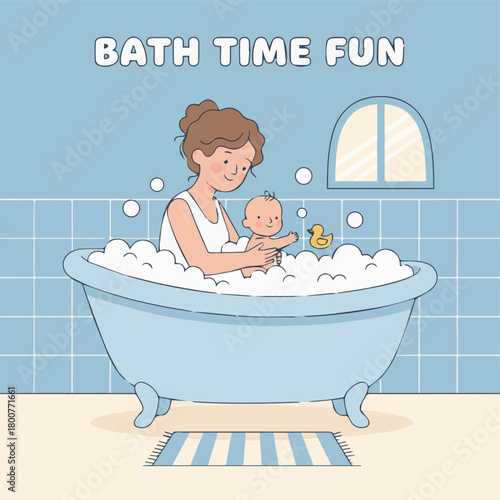 Mom & Baby Bath Time

Flat-vector cute bath-time illustration with mom bathing her baby in a tub, bubbles, rubber duck, pastel baby-blue palette, soft family bonding theme.