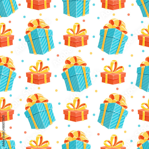 Cartoon gift box seamless pattern. Presents adorned with ribbons and bows form a festive birthday background. Holiday wrapping style adds charm to celebrations, creating a colorful scene for parties