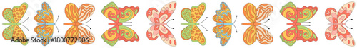 Groovy retro butterfly seamless border pattern in colorful orange forms the main visual in funky spring style. Pattern blends flower and y2k elements for a bright, vintage look, perfect for summer