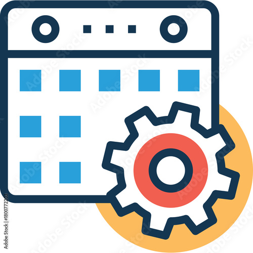 Calendar Interface With Gear Icon Indicating Scheduling And Planning In Blue And Orange Colors On Transparent Background