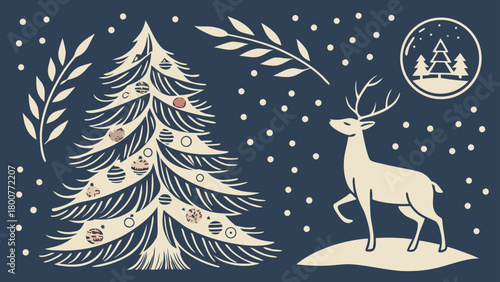 Elegant christmas scene with decorated tree deer snow and snow globe in a festive composition