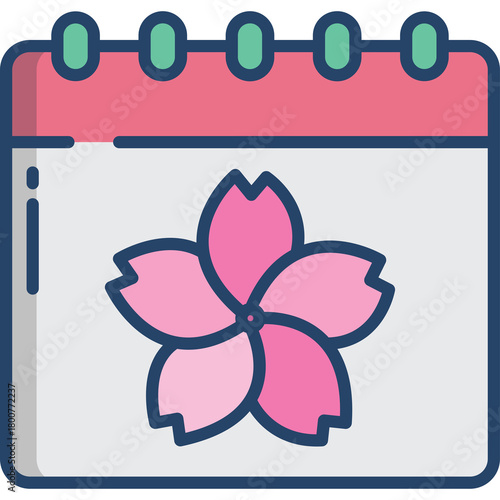 Calendar page displaying a pink cherry blossom flower illustration with a pink header and teal circles for a ring binder against a light gray background