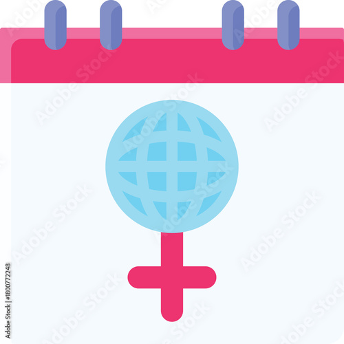 Calendar Page Displaying Globe Symbol and Female Icon With Transparent Background Minimalist Flat Design With Purple Top Border And Pink Symbol