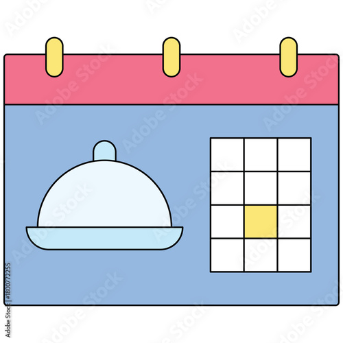 Calendar Page With Food Cloche Icon And Highlighted Date On Pastel Blue Background With Pink Top And Yellow Accents