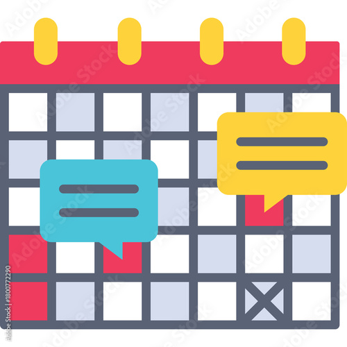 Calendar with speech bubbles indicating appointments and communication on a clean transparent background with red yellow and blue accents