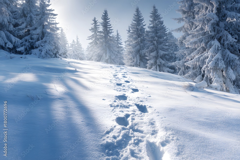 Fototapeta premium Snowy forest path with footprints under bright sunlight in winter