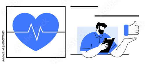 Blue heartbeat diagram beside man holding clipboard, gesturing thumbs up. Ideal for health care, fitness, medical records, diagnostics, approval, wellness technology. Simple flat metaphor