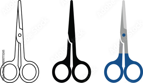 Scissors Icons In Three Styles Keywords: scissors, cutting, tool, craft, sewing, barber, hair, grooming, office supply, stationery, icon, symbol